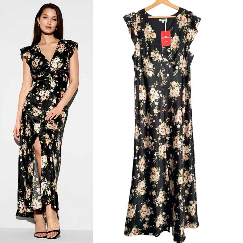 The Occasion Old Navy XL TALL Flutter Sleeve Satin Maxi Dress Black Floral Dots